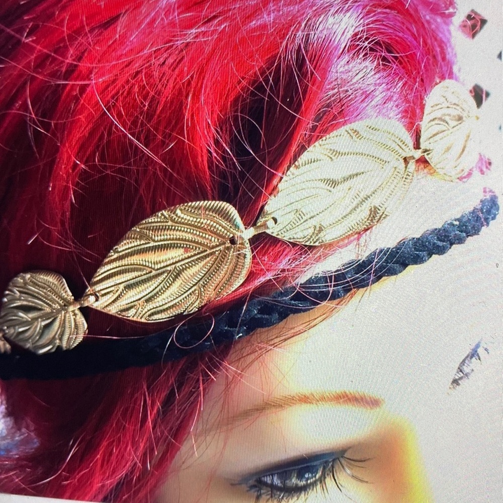 Boho hippy hair bands 2 metal leafs & leather braid